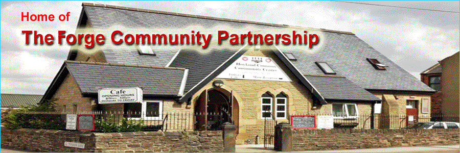 Page banner showing community buildings and words Home of the Forge Community Partnership